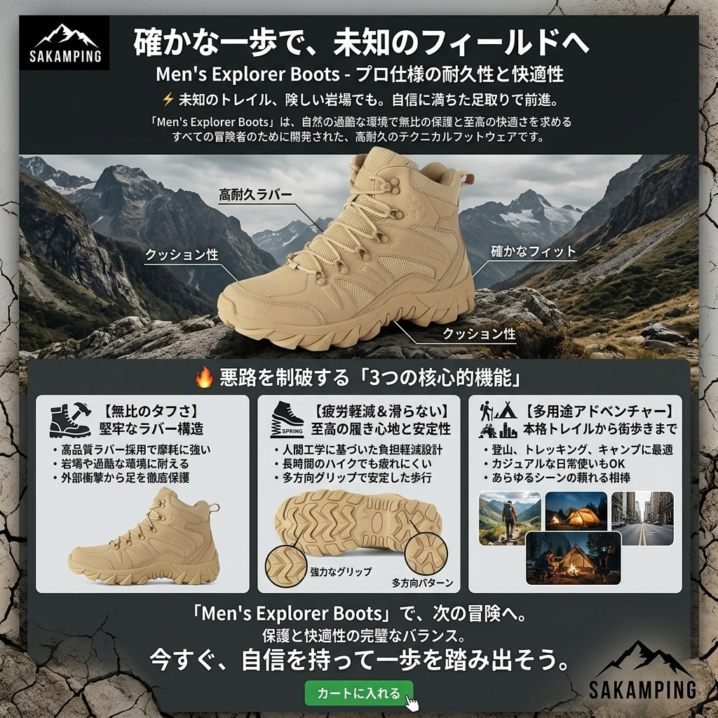 【悪路や濡れた岩場も圧倒的グリップで踏破・足首を強力保護し過酷なフィールドに挑む】Sakamping メンズ エクスプローラー ブーツ (トレッキングブーツ / 登山靴) | タフネス耐摩耗・強力滑り止めグリップ・高耐久構造・防水透湿 | 釣り・本格登山・トレッキング・キャンプ | 1年保証付