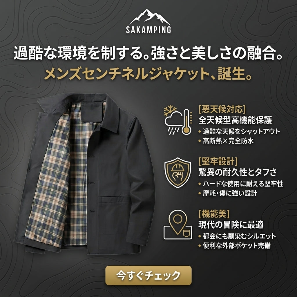 【どんな過酷な天候下でも身体を守り抜く圧倒的堅牢性と防水性・洗練されたモダンシルエットが映える全天候型ジャケット】Sakamping メンズ センチネル ジャケット (高耐久完全防水防寒マウンテンパーカ) | 耐水圧20,000mm・高耐久タクティカルシェル・極暖軽量中綿・完全防水シームテープ・高透湿・Wファスナー | 冬山登山・冬釣り・極寒キャンプ・タウンユース・通勤 | 1年保証付