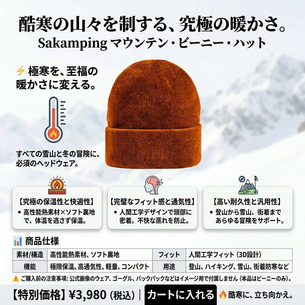 【極寒の山でも熱を逃がさない・極上の肌触りと高機能保温】Sakamping 保温 マウンテン ビーニー ニット帽 | 柔らか裏起毛・高透湿・ストレッチ | 本格登山・冬キャンプ・スノーボード | 1年保証付