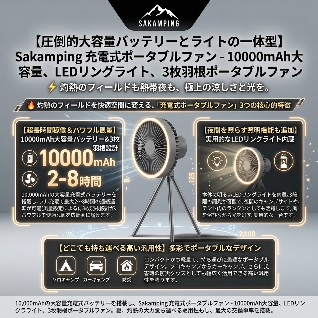 【大容量10000mAhで長時間の快適冷気を確保・暗闇を明るく照らすLEDライトと強風3枚羽が生み出す極上の涼風】Sakamping 充電式ポータブルファン (キャンプ扇風機) | 10000mAh大容量バッテリー・LEDリングライト搭載・強力3枚羽・吊り下げ/卓上2WAY | キャンプ・釣り・停電対策・防災グッズ | 1年保証付