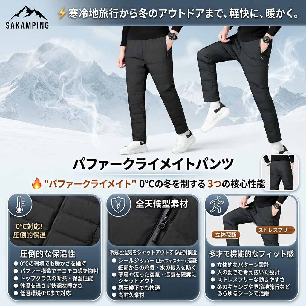 【0℃の極寒でも体温を逃さない極上保温・冷気の侵入を防ぐ止水ファスナーと防風シェル】Sakamping パファー クライメート パンツ (防寒パファーパンツ) | 0℃対応・サーマル断熱保温・止水ファスナー・防風撥水 | 冬の釣り・極寒キャンプ・防寒街着・バイク | 1年保証付
