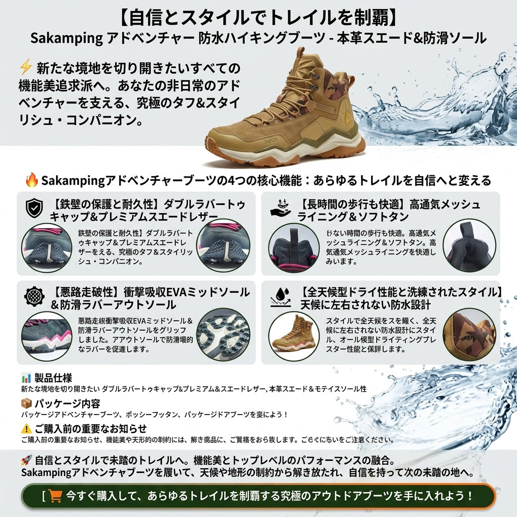 【本物志向のあなたへ】Sakamping アドベンチャー トレッキングブーツ | 防水レザー・天然スエード | 防滑ラバーソール・透湿性 | 本格登山・キャンプ・アウトドア対応 | 1年保証付