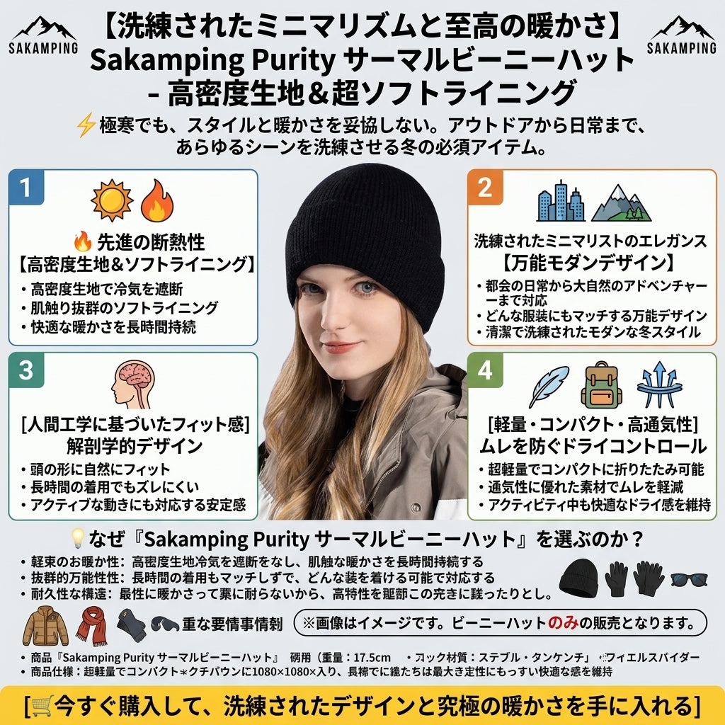 【頭部から逃げる熱を完全遮断・極上の柔らかさで冬の街も雪山もスタイリッシュに】Sakamping Purity 防寒ビーニー ニット帽 | 先進断熱・柔らか裏起毛・高保温 | 冬の通勤・スノボ・冬キャンプ | 1年保証付