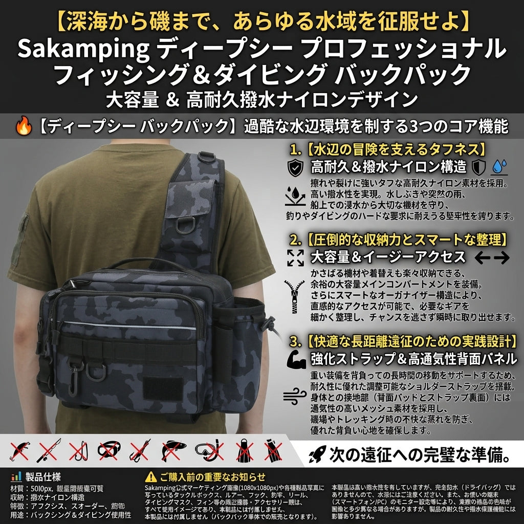 【過酷な海から機材を完全防護・すべてが収まるプロ仕様の大容量】Sakamping プロ仕様 フィッシング＆ダイビング バックパック | 完全防水・高耐久ナイロン・超大容量 | 船釣り・スキューバ・遠征キャンプ | 1年保証付