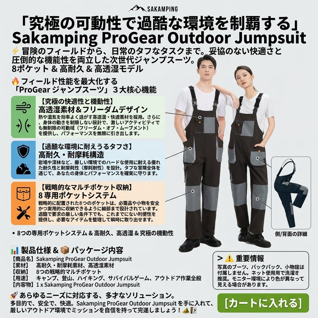 【ギミック満載の8ポケット搭載・過酷な環境でも蒸れずにタフに動ける】Sakamping ProGear アウトドア ツナギ（オールインワン） | 8マルチポケット・高耐久・高通気 | キャンプ・DIY・本格ワークウェア | 1年保証付