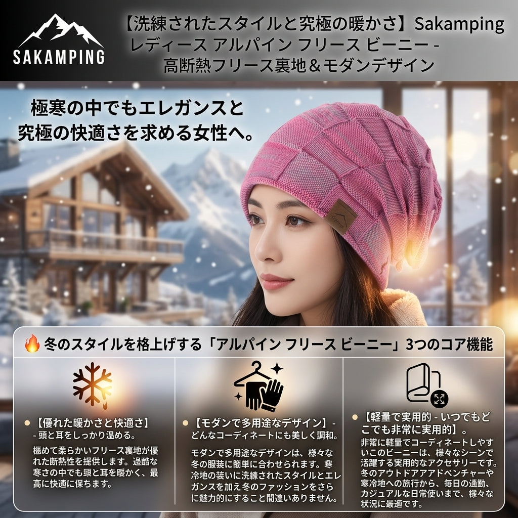 【冷気から頭部を優しく守り抜く・大人可愛いデザインと極上のふわふわ保温フリース】Sakamping レディース アルパイン フリース ビーニー（ニット帽） | 裏起毛・高保温・スタイリッシュ設計 | 冬のキャンプ・タウンユース・釣り | 1年保証付