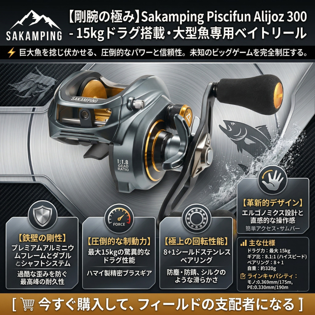【ビッグベイト専用】Sakamping Piscifun Alijoz 300 | 8.1:1超高速ギア・最大ドラグ15kg | 超剛性アルミボディ・ソルト対応 | 怪魚・雷魚・大型シーバス対応 | 安心の1年保証付