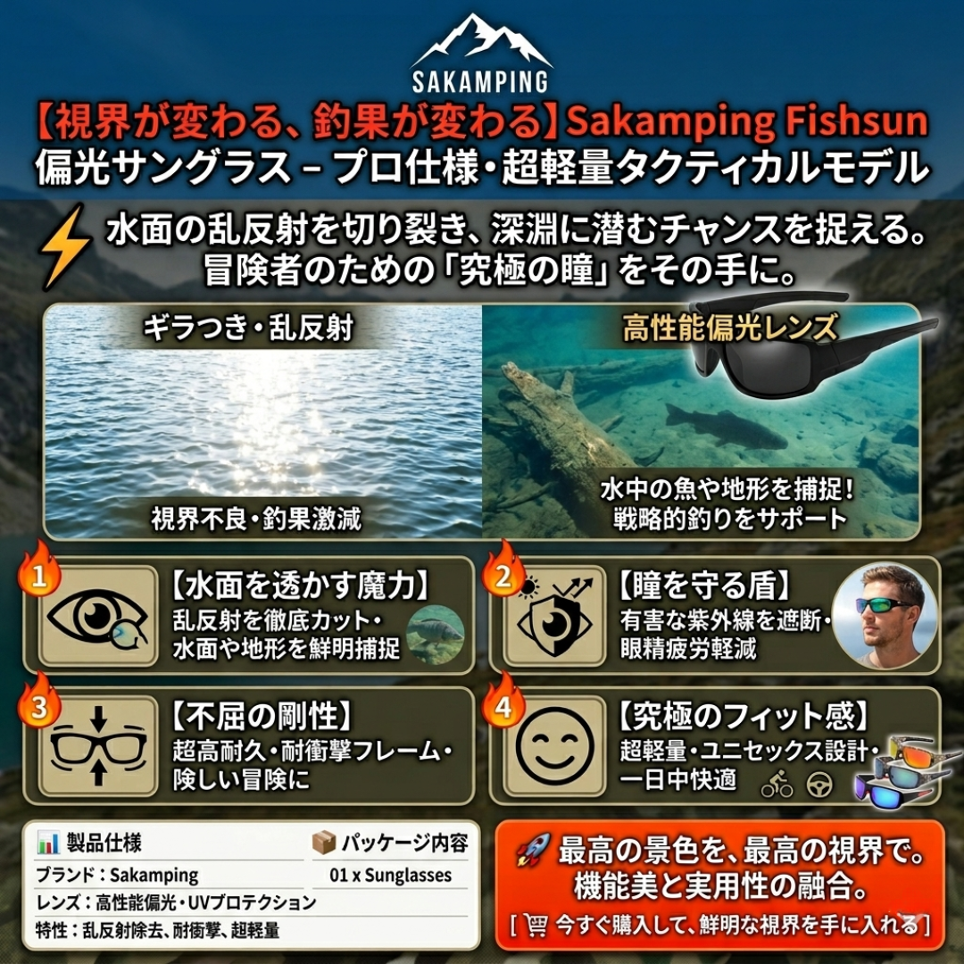【水中が見える】Sakamping Daiwa 偏光サングラス | 高性能ポラライズドレンズ・UV400カット | 反射光カット・視界クリア | 釣り・ドライブ・アウトドア対応 | 安心の1年保証付