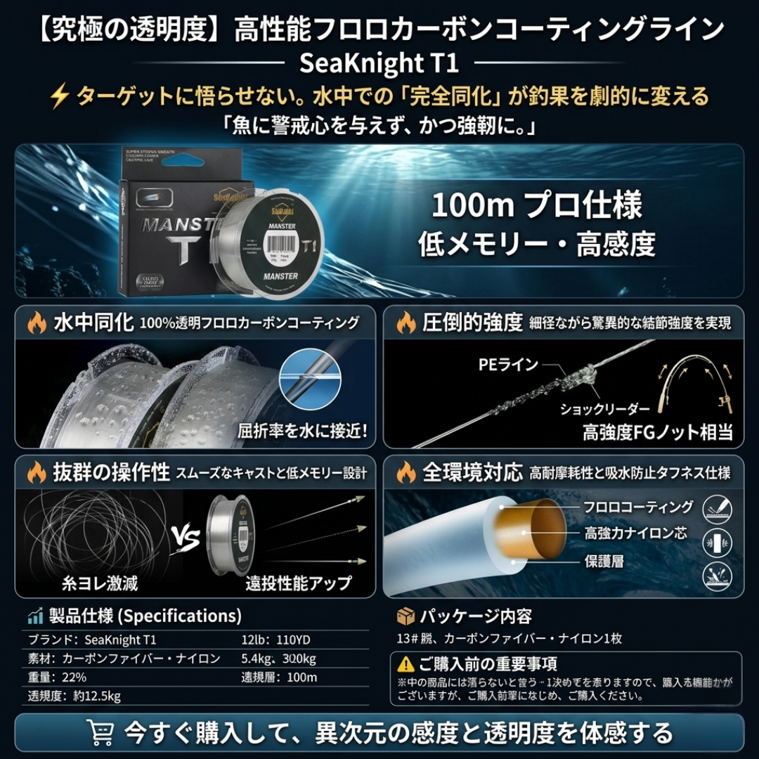 【2026年最新プロ仕様】驚異の耐摩耗性。Sakamping SeaKnight 高性能フロロカーボンコーティングライン | 超高感度・低伸度ナイロンモノフィラメント | 水中で見えにくいステルス設計・100m巻 | 抜群の結び強度 | 安心の1年保証付