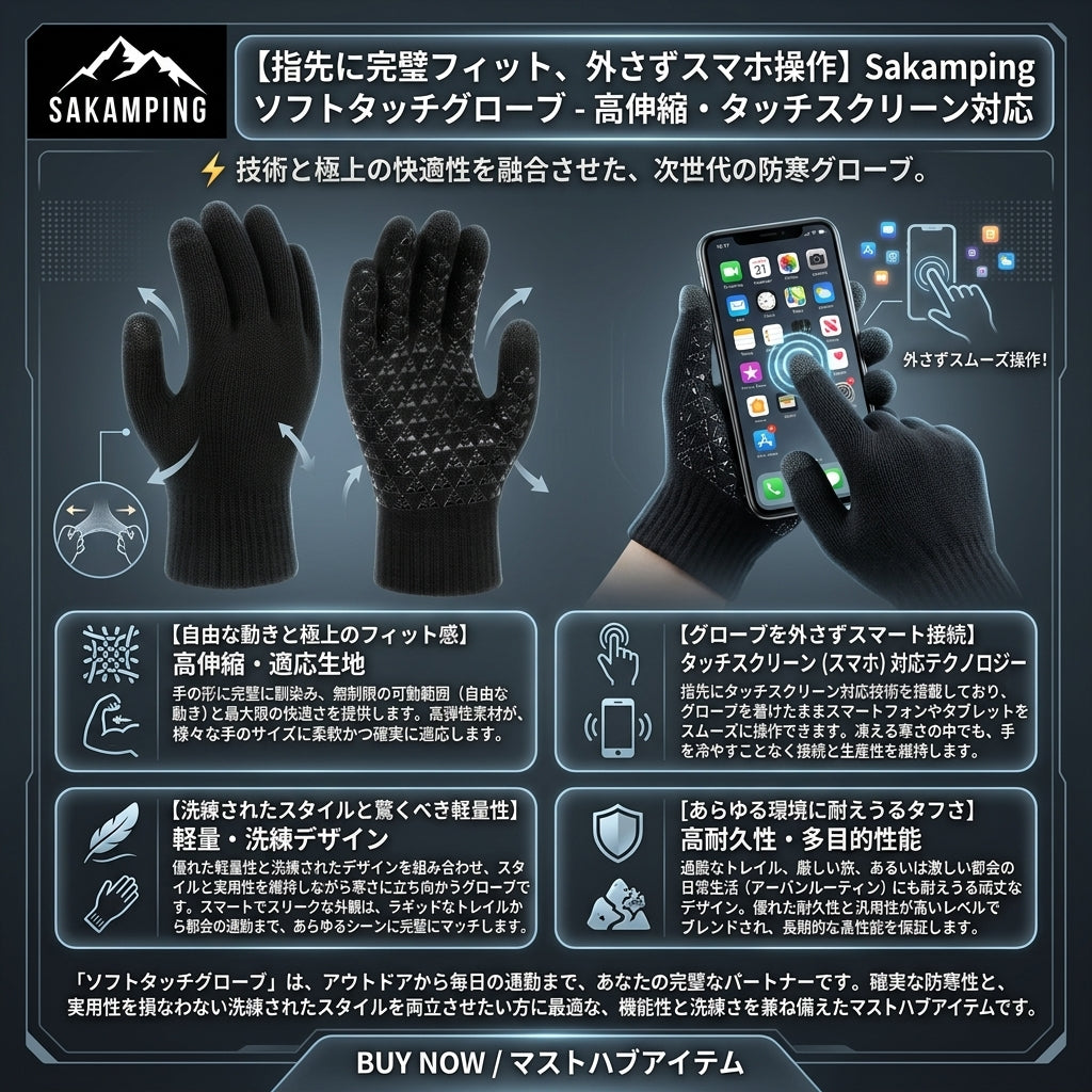 【着けたままスマホ操作・素手のようなフィット感と極上の軽さ】Sakamping ソフトタッチ アウトドアグローブ (手袋) | スマホ対応・高伸縮ストレッチ・超軽量 | 釣り・ランニング・キャンプ | 1年保証付