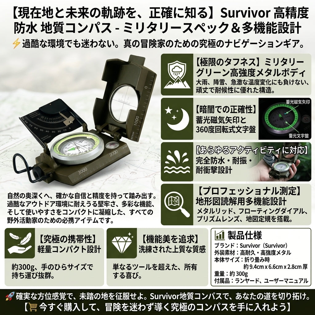 【スマホが使えない時の命綱】Sakamping サバイバル コンパス | 高精度レンズ・蓄光・防水耐衝撃 | 本格登山・読図・防災サバイバル対応 | 1年保証付
