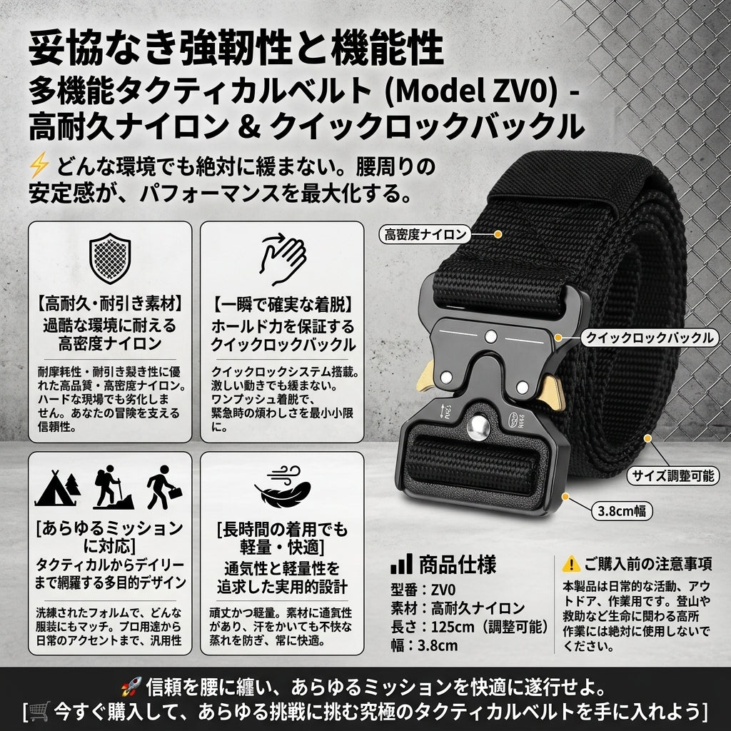 【究極のホールド感・一日中緩まない高耐久タクティカルベルト】Sakamping EDCベルト | クイックリリースバックル・高強度ナイロン・無段階調整 | サバゲー・登山・DIY・作業用 | 1年保証付