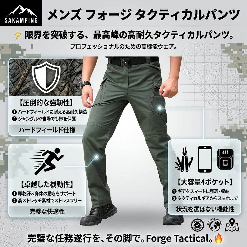 【過酷なミッションやハードなフィールドでも傷つかない驚異の耐久性・濡れても即乾く高撥水ストレッチと洗練タクティカルスタイル】Sakamping メンズ フォージ タクティカル パンツ (高耐久撥水多機能タクティカルパンツ) | 耐摩耗リップストップ・高撥水加工・4WAY高伸縮・高通気速乾・多機能10ポケット・膝立体裁断・補強ウェストループ | タクティカル・ミリタリー・夏山登山・サバイバルゲーム・ソロキャンプ・作業着 | 1年保証付