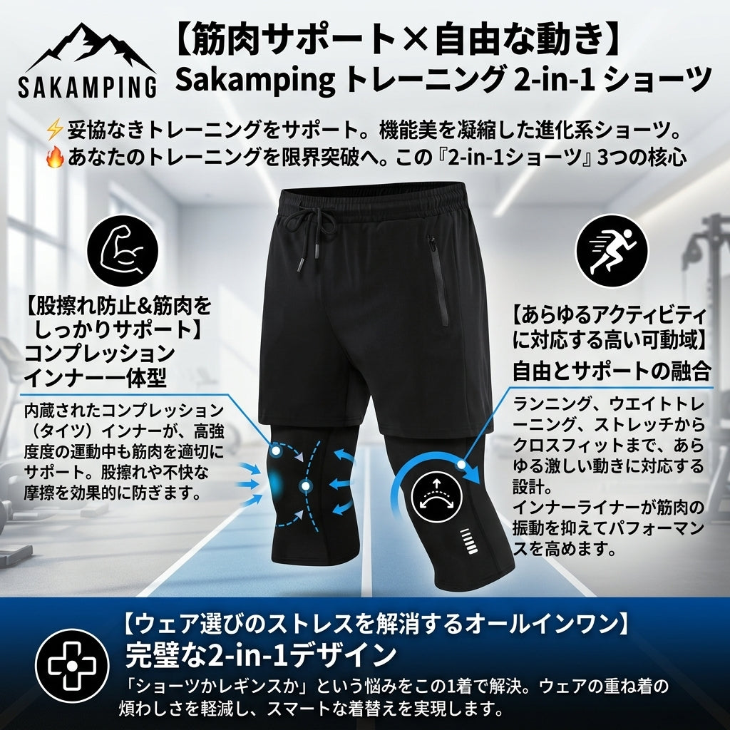 【腿の擦れをゼロにし圧倒的パフォーマンスを引き出す・インナー付きで激しい動きを強力サポート】Sakamping メンズ トレーニング 2in1 ショーツ (圧縮ライナー付き スポーツハットパンツ) | インナータイツ一体型・高伸縮・速乾通気・マルチポケット | ランニング・トレーニング・ジム・夏釣り・キャンプ | 1年保証付