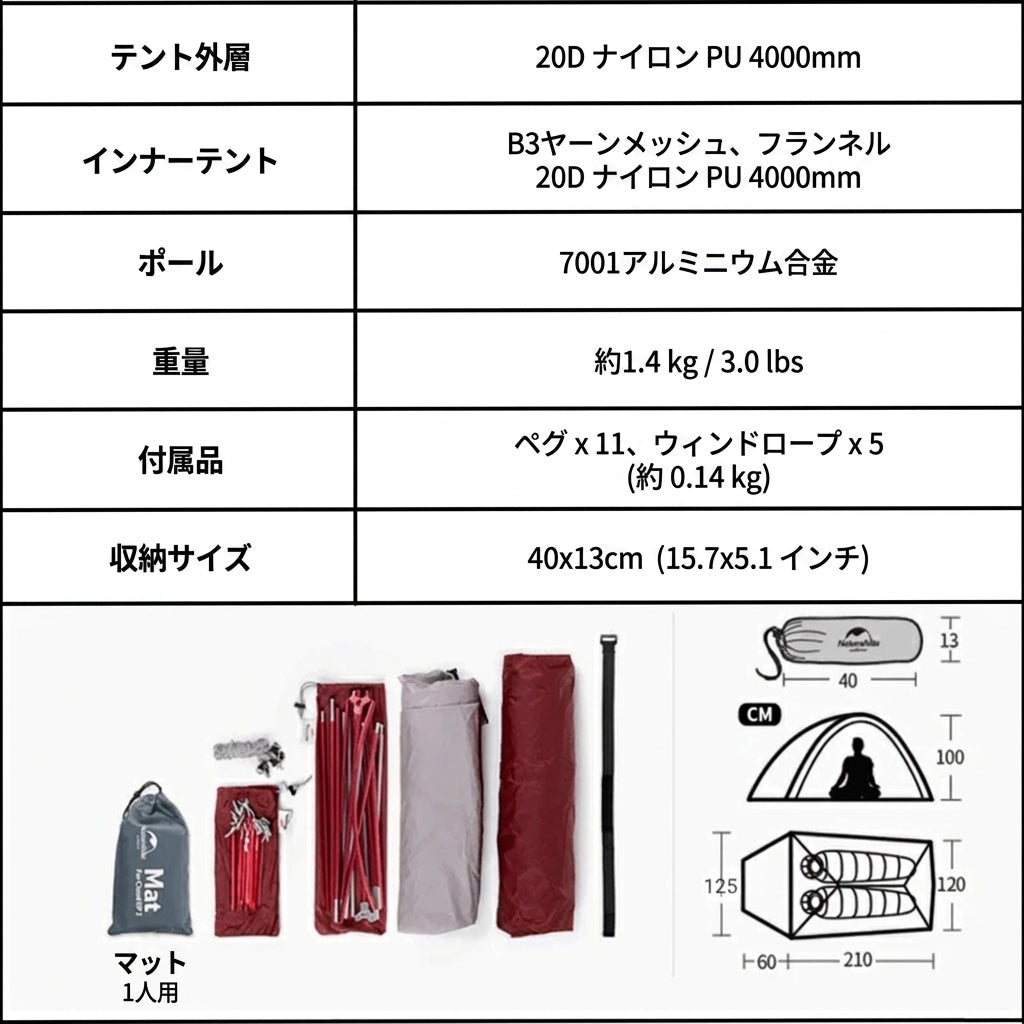 【過酷な大雨から身を守る耐水圧4000mm】Naturehike 超軽量 防水山岳テント | 2人用・高防風・コンパクト | 本格登山・バックパッキング・ツーリング | 1年保証付
