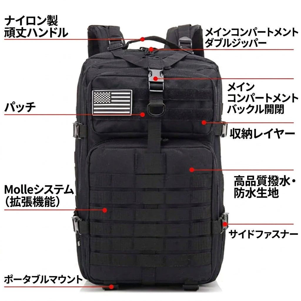 【圧倒的なタフネスと機能美・軍用レベルの収納力】Elite 50L タクティカル バックパック | モールシステム対応・高耐久・撥水 | サバゲー・本格登山・防災用 | 1年保証付