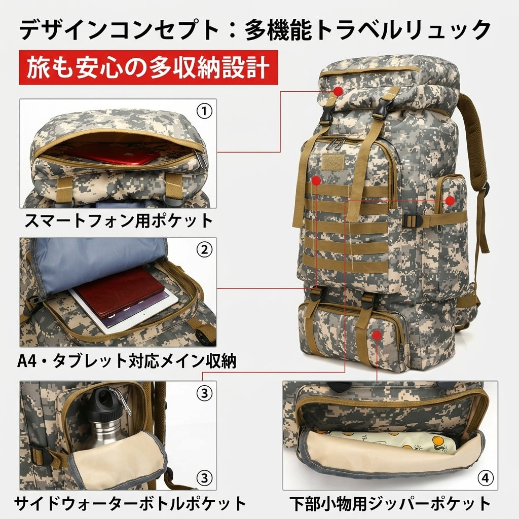 【過酷な環境を征する・軍用スペックのタフネスと大容量】Sakamping 60L ミリタリーバックパック | 高耐久・防水・モールシステム対応 | 本格登山・サバゲー・防災サバイバル | 1年保証付