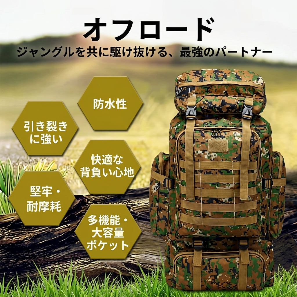 【過酷な環境を征する・軍用スペックのタフネスと大容量】Sakamping 60L ミリタリーバックパック | 高耐久・防水・モールシステム対応 | 本格登山・サバゲー・防災サバイバル | 1年保証付