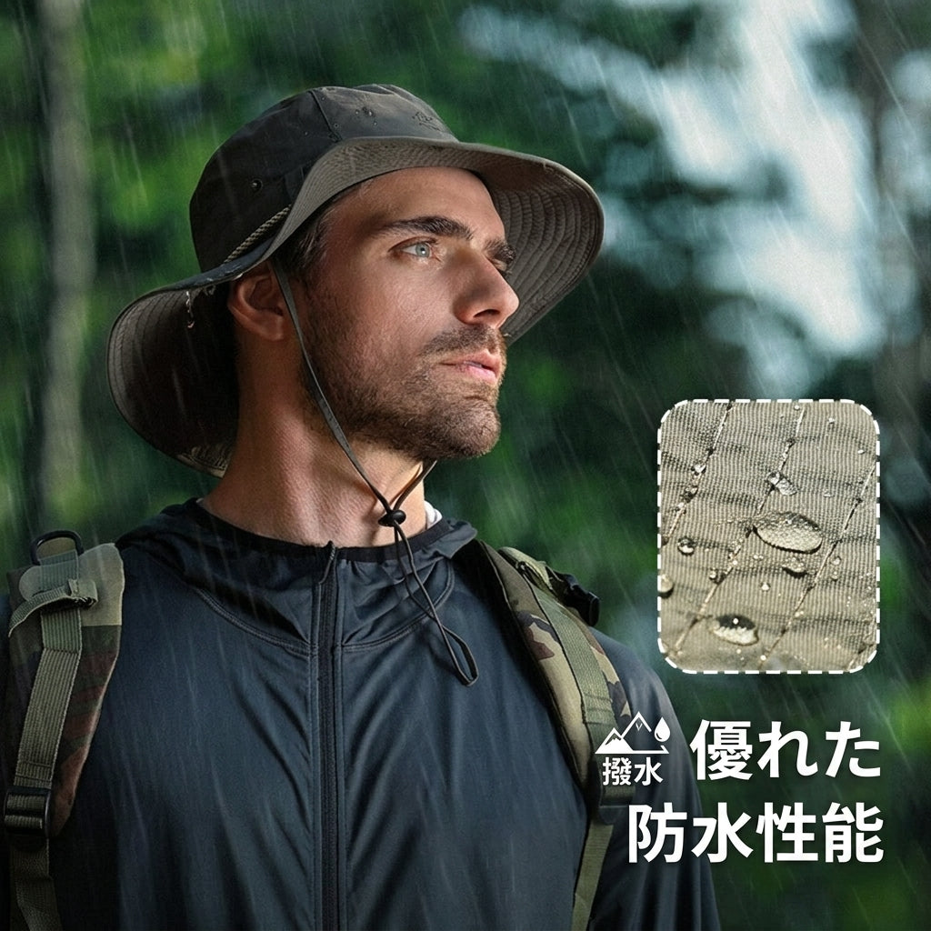 【突然の豪雨も猛烈な紫外線もこれ一つで完全防御】Sakamping 防水 ブーニーハット UPF50+ | 高撥水・透湿・つば広・あご紐付き | 登山・釣り・キャンプ・野外フェス | 1年保証付