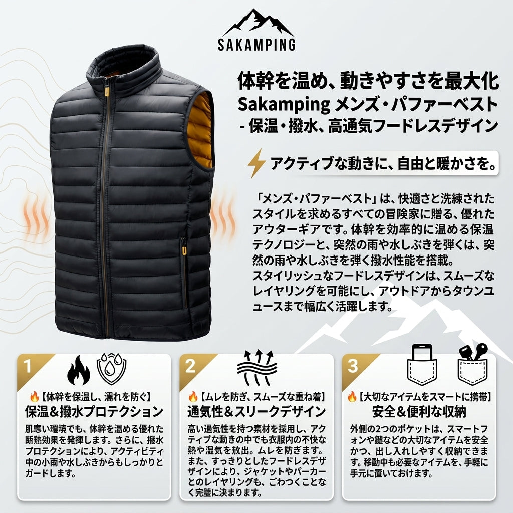 【体幹を瞬時に温め腕の自由度をMAXに・悪天候に負けない完全防水透湿と極上保温力】Sakamping メンズ パファーベスト (防寒ダウンベスト) | 完全防水・高透湿・サーマル保温・軽量設計 | 冬の釣り・極寒キャンプ・アウトドア・レイヤリング | 1年保証付