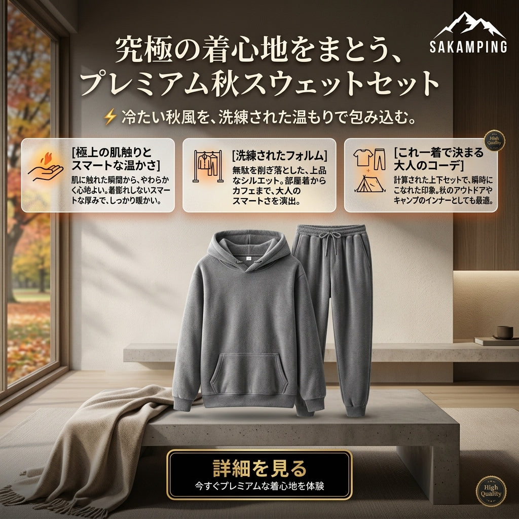 【肌寒い秋風から優しく包み込む極上の着心地・部屋着に見えない洗練シルエットで街着からアウトドアまで活躍】Sakamping ベーシック オータム スウェットセット (高機能スウェット 上下セットアップ) | 高密度綿混スウェット・裏毛保温・吸汗速乾・耐洗濯型崩れ防止・イージーウエスト・セットアップ | 街着・秋キャンプ・旅行・ワンマイルウェア・リラックスウェア | 1年保証付