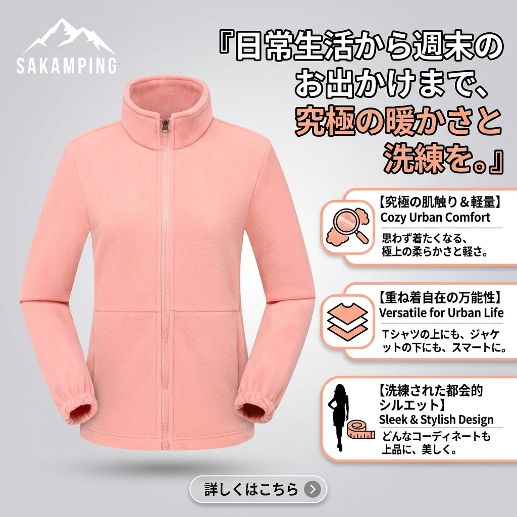 【都会の街並みに溶け込む洗練スタイル・羽織った瞬間包み込まれる極上の暖かさとふんわり軽い着心地】Sakamping ウィメンズ アーバン フリース (レディース エレガントフリースジャケット) | 極暖ボア・高保温・軽量・防風裏地・美シルエット | 冬の街着・通勤・カフェ巡り・タウンユース・冬キャンプ | 1年保証付