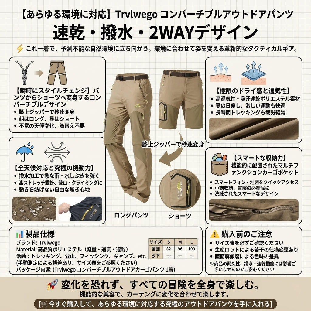 【2WAYで長ズボン＆半ズボンに】Sakamping コンバーチブル アウトドアパンツ | 透湿撥水・吸汗速乾 | ジップオフ設計・多機能ポケット | 登山・釣り・夏キャンプ対応 | 1年保証付