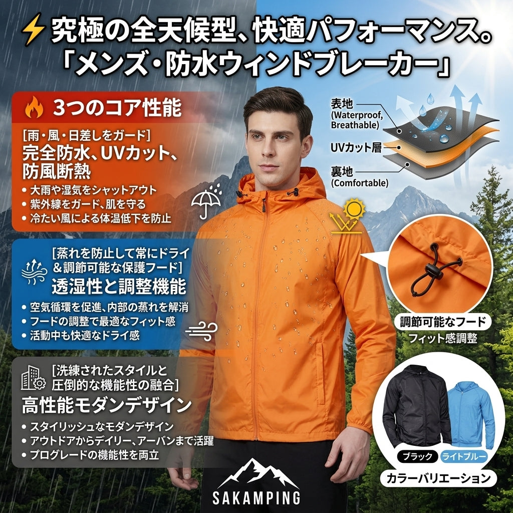 【強風とゲリラ豪雨を完全シャットアウト・強烈な紫外線UVから肌を守り蒸れ知らずの高透湿】Sakamping メンズ ウォータープルーフ ウィンドブレイカー (完全防水防風ジャケット) | 完全防水・UVカット・高透湿・調整可能フード | 釣り・登山・キャンプ・防風街着 | 1年保証付