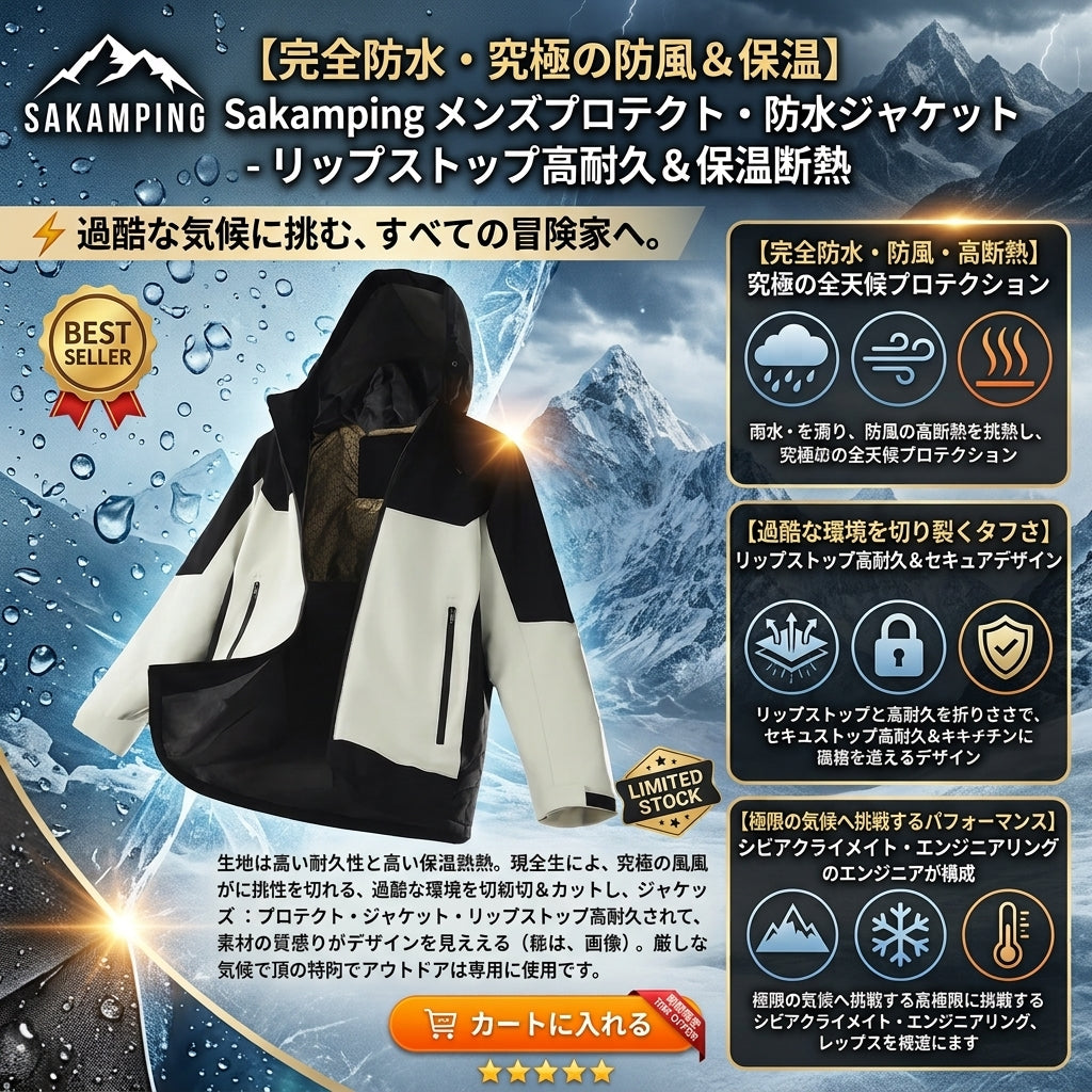 【極限の悪天候を完全制覇・引き裂きに強いタフな素材と圧倒的な防風保温性】Sakamping メンズ プロテクト 防水ジャケット (マウンテンパーカー) | リップストップ・完全防風・高保温 | 冬の釣り・登山・アウトドア | 1年保証付