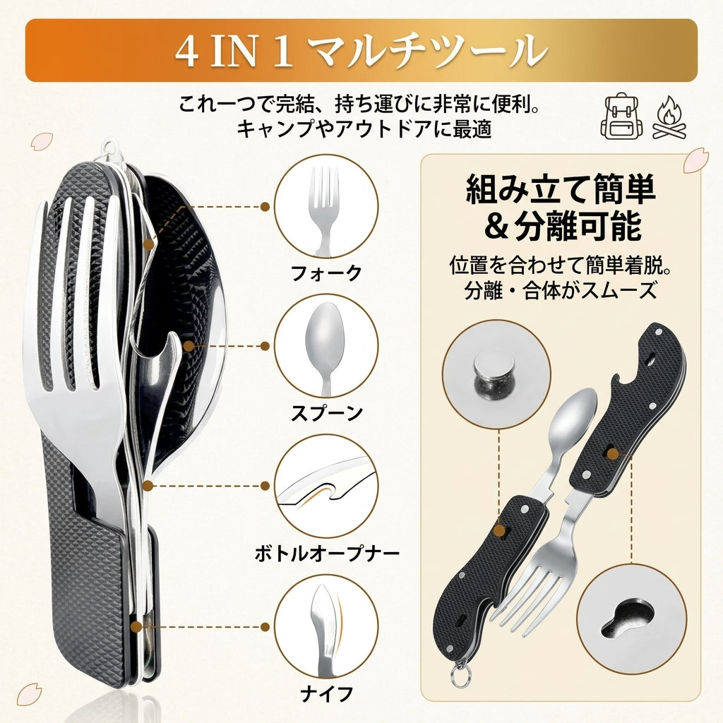 【ミニマリストの相棒】Sakamping 4-in-1 カトラリーセット | スプーン・フォーク・ナイフ・栓抜き 一体型 | 超軽量・高耐久・コンパクト | ソロキャンプ・登山・BBQに最適 | 1年保証付