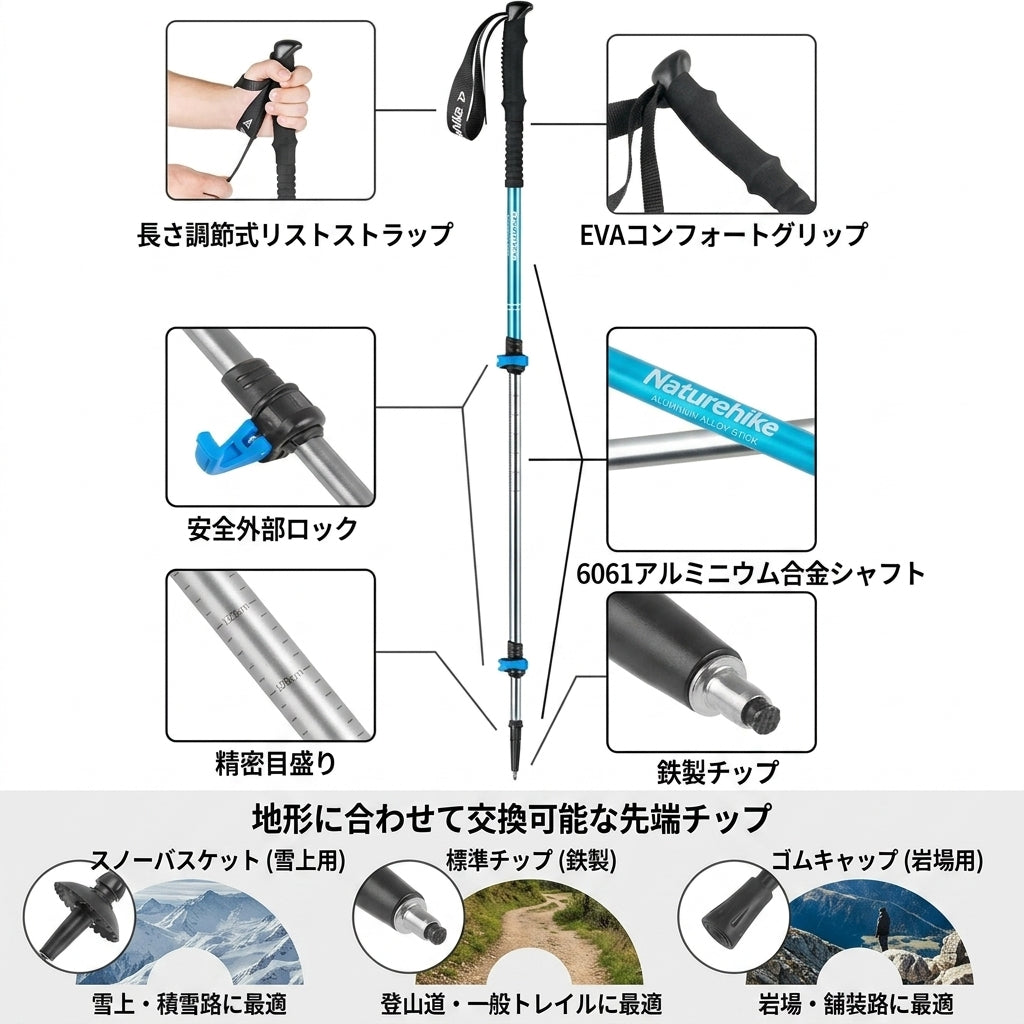 【自由な長さ調整】Sakamping 伸縮式 トレッキングポール | 6061アルミ合金・アンチショック | 超軽量・微調整可能 | 登山・ウォーキング・ハイキング対応 | 1年保証付