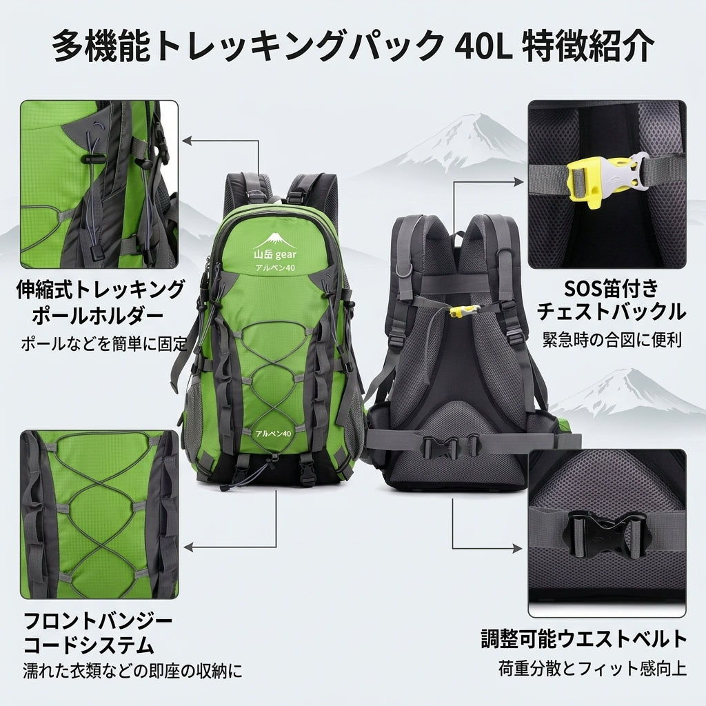 【長時間歩行でも背中が蒸れない・極上のフィット感】Explorer 40L 登山ザック | 荷重調整システム・クッション背面・ホイッスル内蔵 | 本格登山・日帰りハイキング・防災用 | 1年保証付