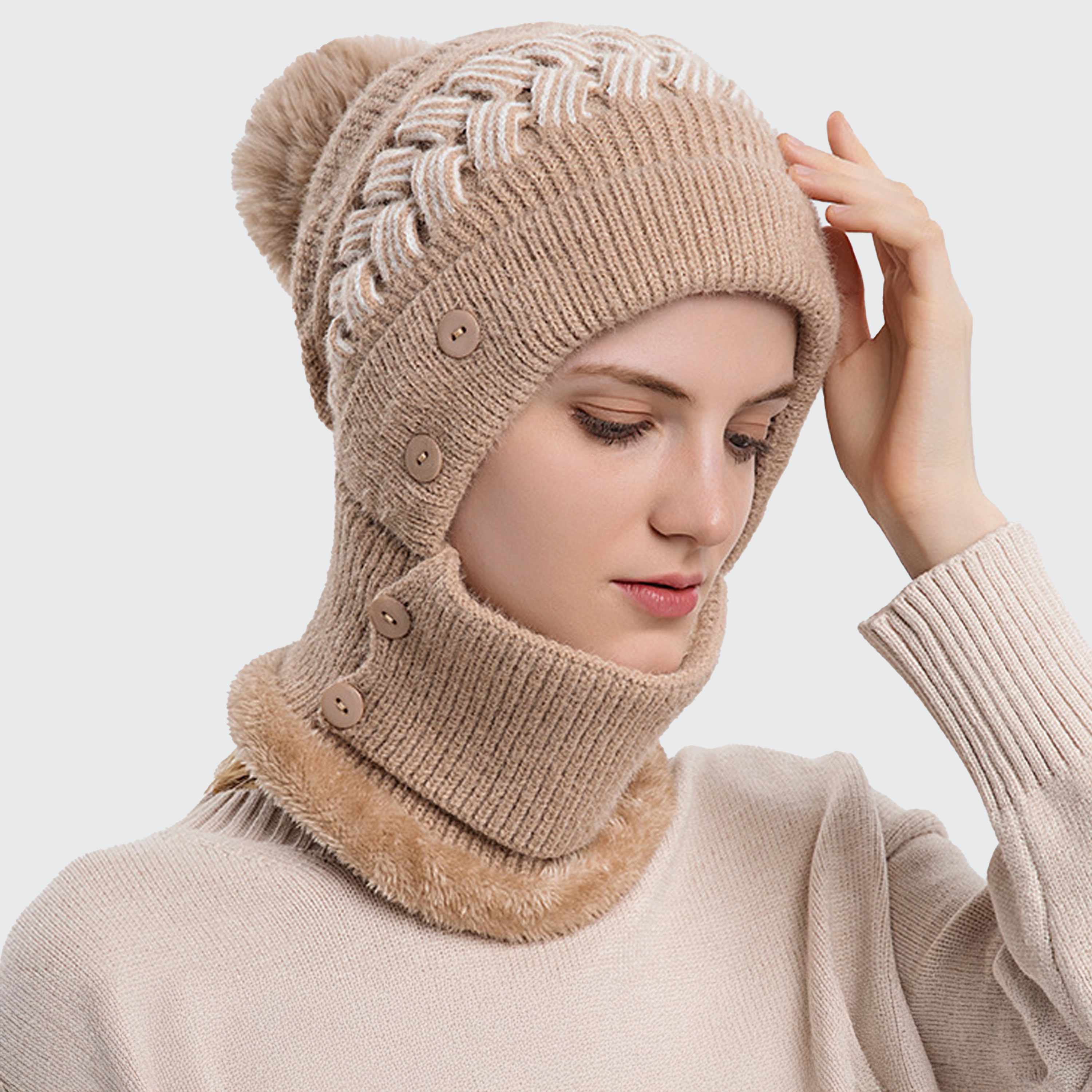 レディース 保温ニット帽 2in1 ネックウォーマー フェイスマスク付き ブレイドデザイン ポンポン 暖かい 防寒 軽量 柔らかい