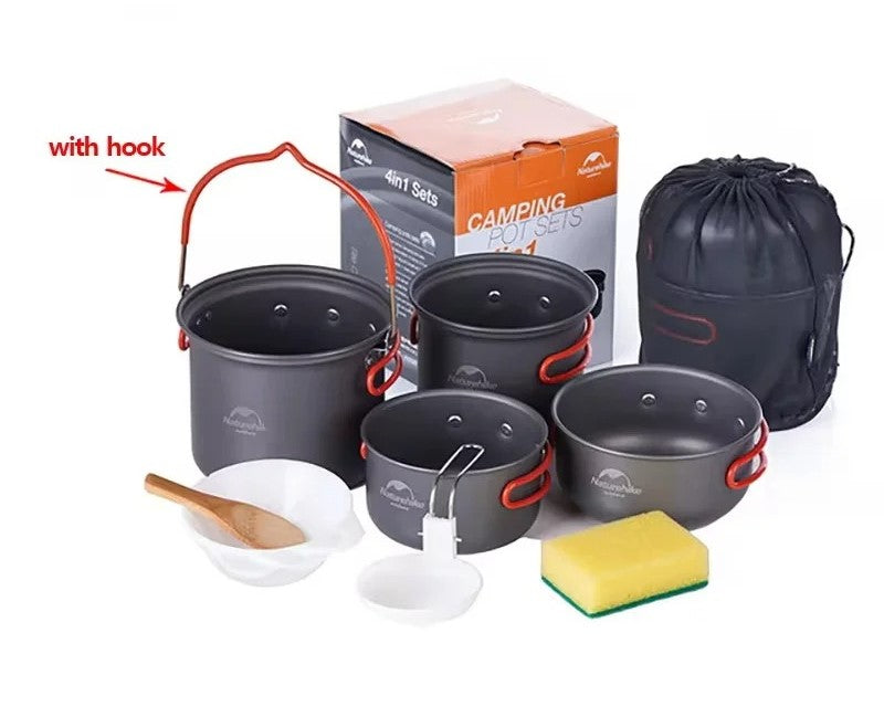 PotSet 4in1 アウトドア 超軽量アルミ ノンスティック 調理セット 旅人向け バックパッカー必携 コンパクト収納